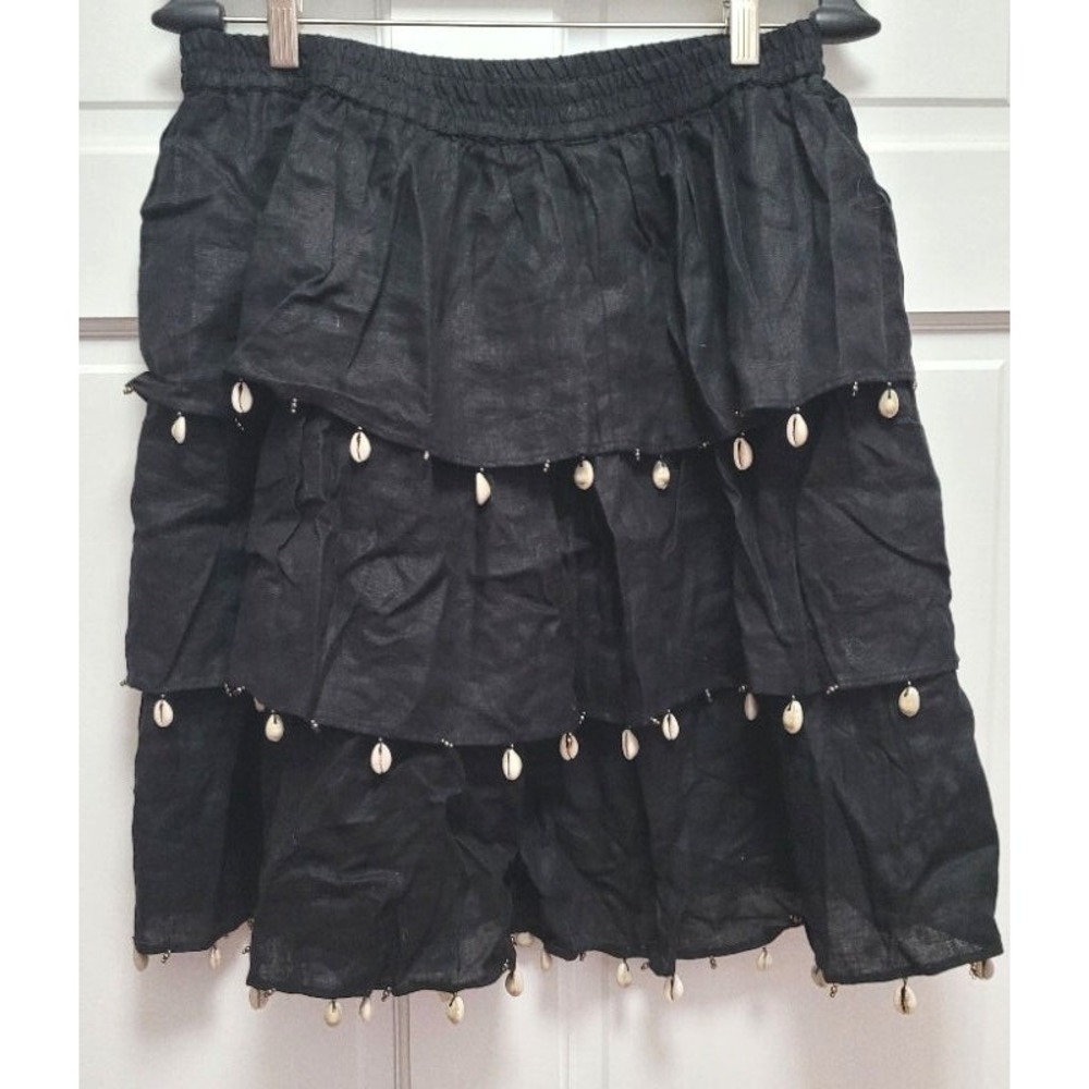 Letarte Women's 100% Linen Seashell Detail Layered Tiered Mini Skirt - Black - M